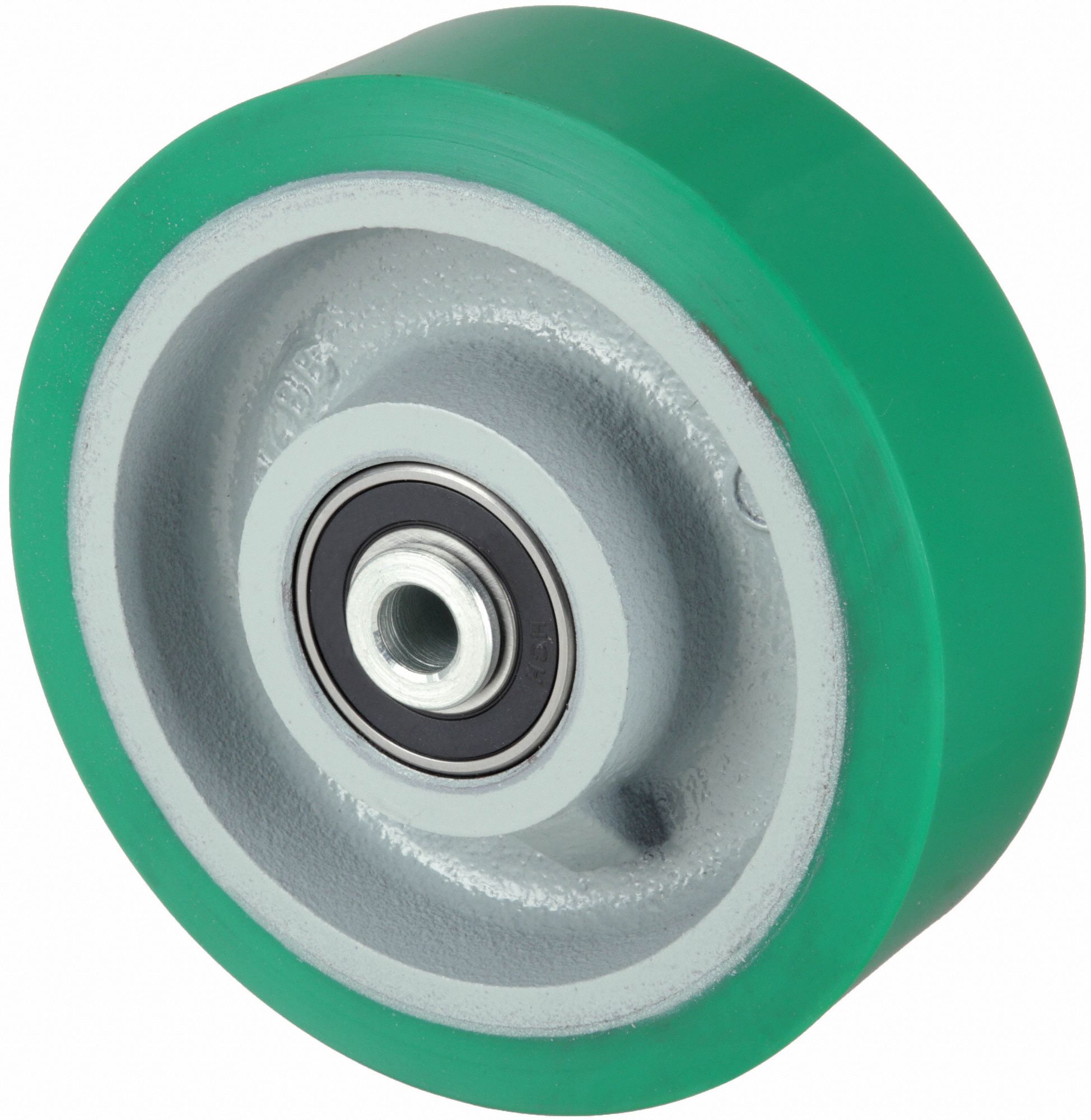 POLYURETHANE TREAD ON IRON CORE WHEEL, 6 IN WHEEL DIAMETER, 2 IN WHEEL W, GREEN, FIRM