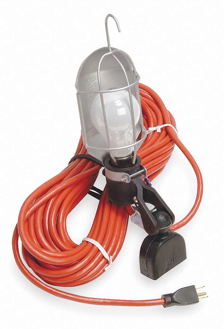 Incandescent Hand Lamp, 75 Lamp Watts, 50 ft Cord Length, Black/Silver Grainger