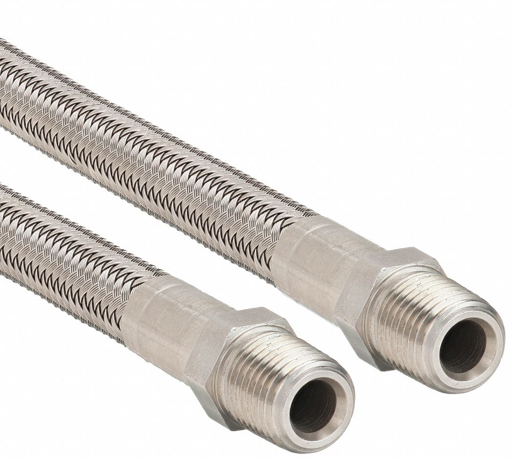 Flexible Hose Assembly: 3/16 in ID, 12 in Lg, 301 Stainless Steel Cover