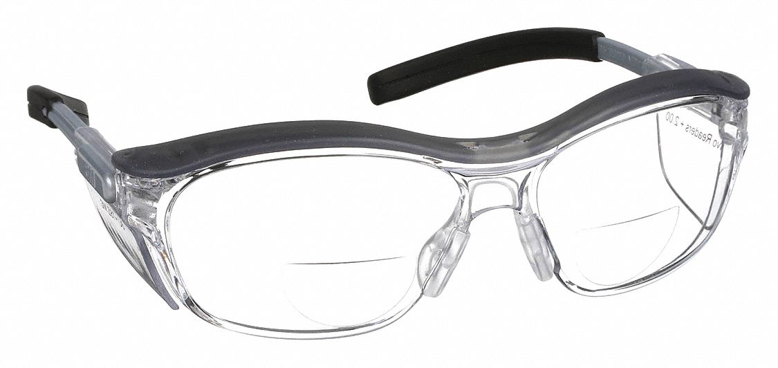 Reader Safety Glasses: Clear Lens Color, Traditional Frame, Anti-Fog, Bottom, +2.0