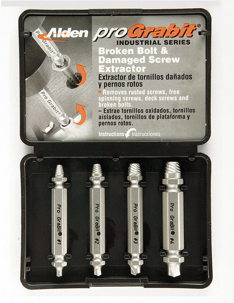 Screw Extractor Set: Double-End Drill/Extractor Bit, 4 Pieces, For #10 to 3/8 in Bolt Size