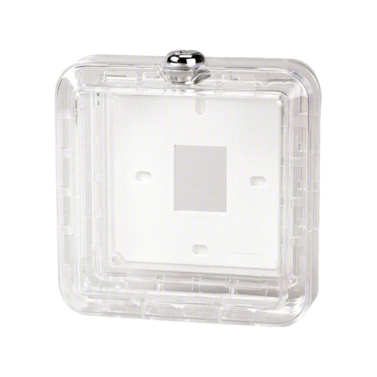 APPROVED VENDOR Universal Thermostat Guard: Snap-On, Clear, Ring Base/Solid Base, Double Wall (MPN 4E644). Key specifications — Base Type: Solid Base; Cover Type: Snap-On; Brand: APPROVED VENDOR; Thermostat Guard Cover Color: Clear; Inside HxWxD: 4-7/16 in H x 4-7/16 in W x 2-1/4 in D; Guard Construction: Double Wall; Outside HxWxD: 5-5/8 in H x 5-5/8 in W x 2-5/8 in D.