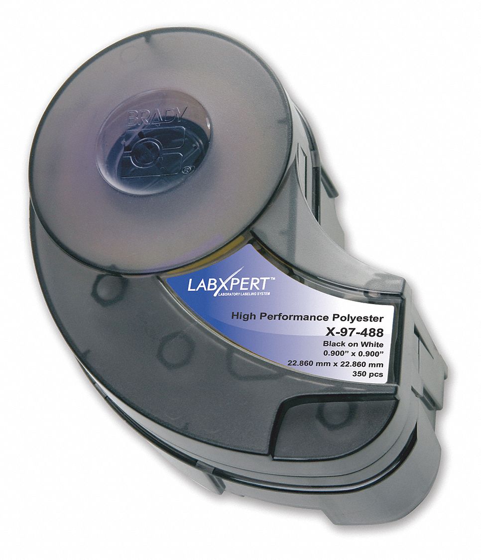 Precut Label Roll Cartridge: 29/32 in x 29/32 in, Autoclavable Cryogenic Polyester, Black on Yellow