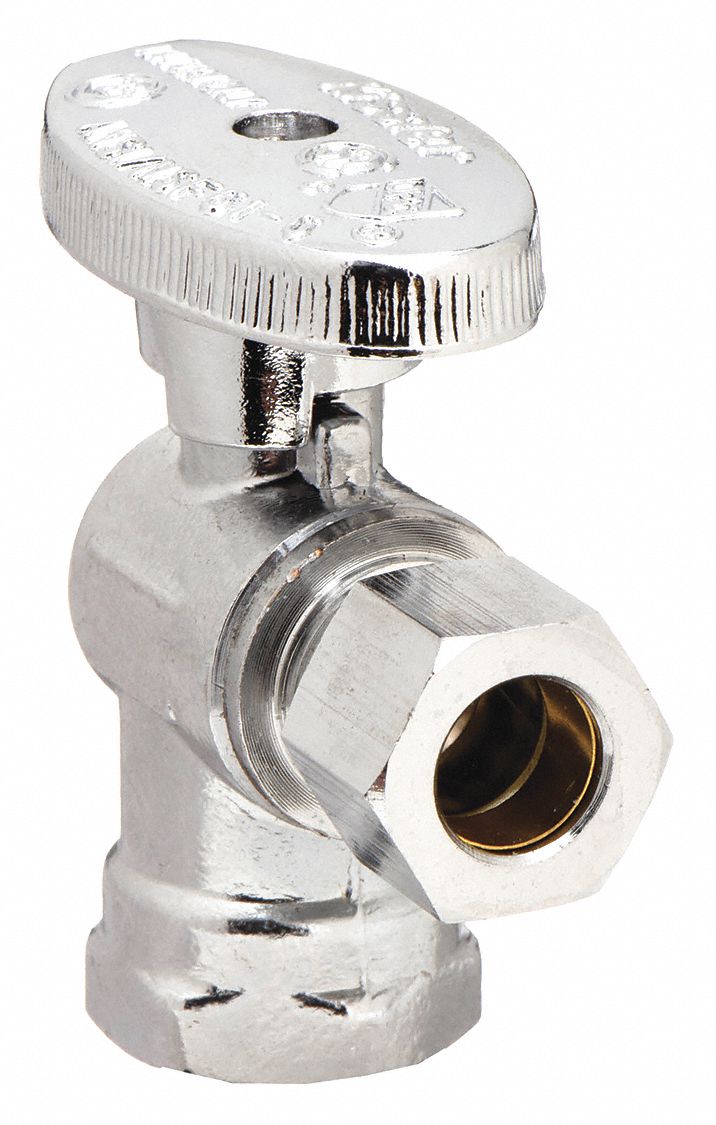 Water Supply Stop: 3/8 in FIP, 3/8 in Compression, Chrome-Plated Brass, Angle Body, 1/4-Turn