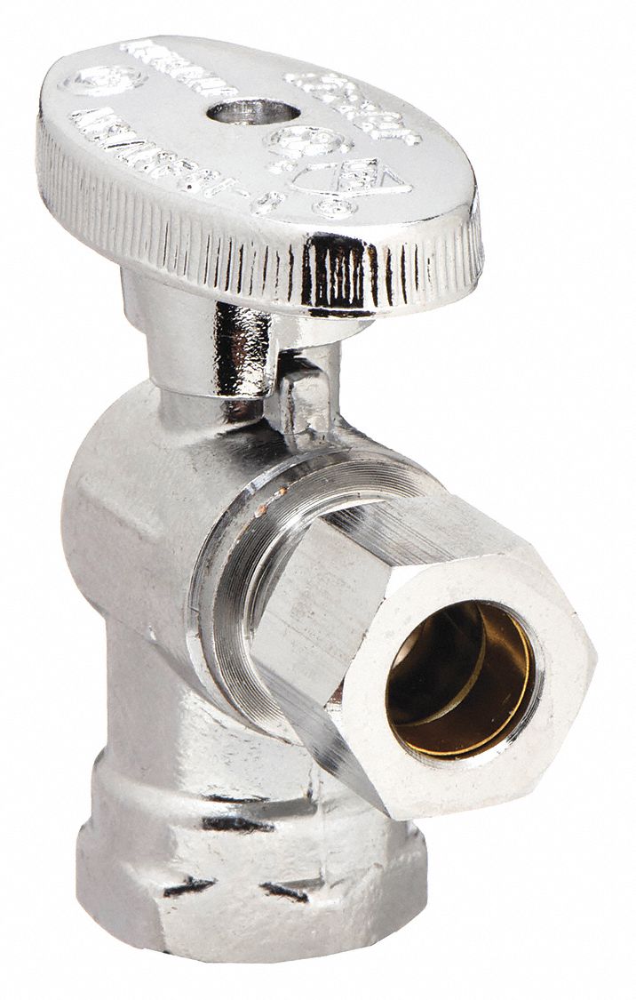 WATER SUPPLY STOP: ⅜ IN FIP, ⅜ IN COMPRESSION, CHROME-PLATED BRASS, ANGLE BODY, ¼-TURN