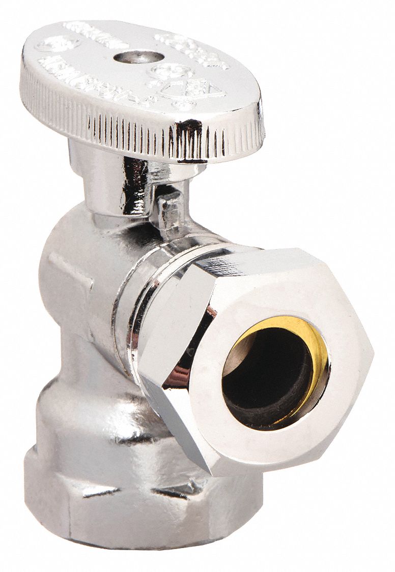 WATER SUPPLY STOP: ½ IN FIP, ½ IN SLIP, CHROME-PLATED BRASS, ANGLE BODY, ¼-TURN, OVAL