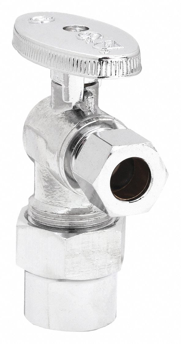 Water Supply Stop: 1/2 in, 3/8 in Compression, Chrome-Plated Brass, Angle Body, 1/4-Turn
