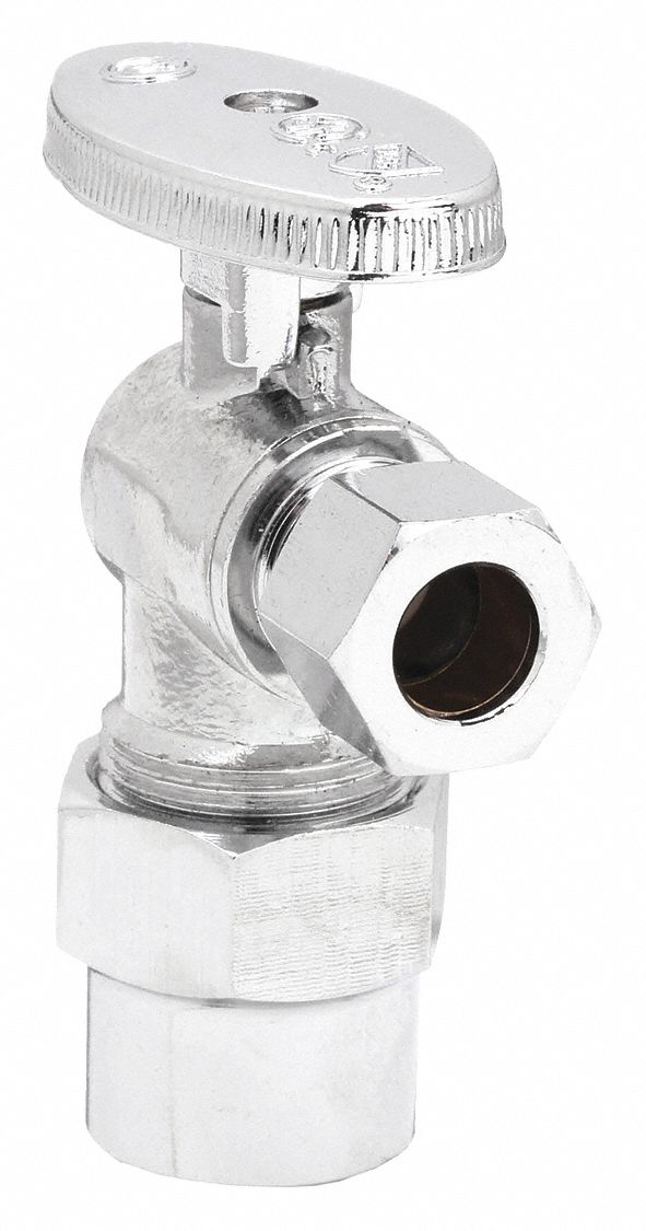 WATER SUPPLY STOP: ½ IN, ⅜ IN COMPRESSION, CHROME-PLATED BRASS, ANGLE BODY, ¼-TURN