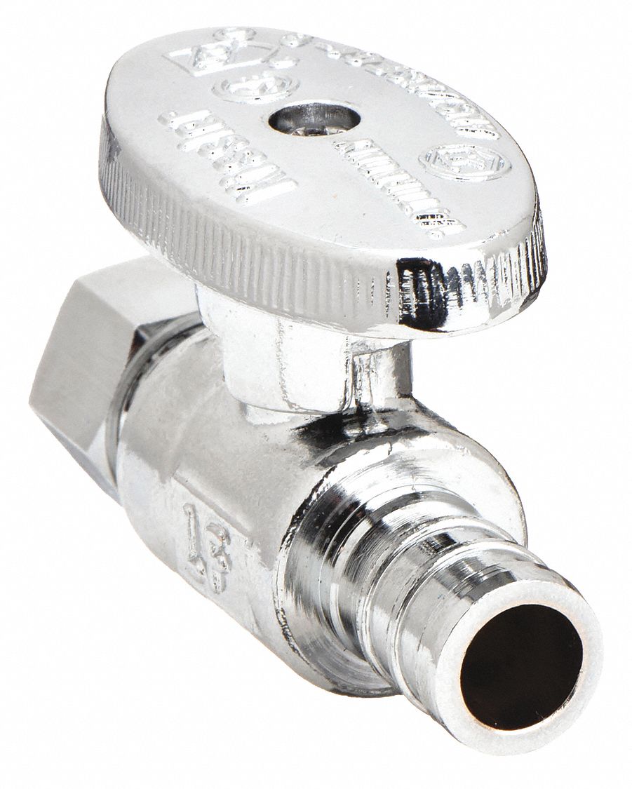 Water Supply Stop: 1/2 in PEX, 3/8 in Compression, Chrome-Plated Brass, Straight Body, Oval