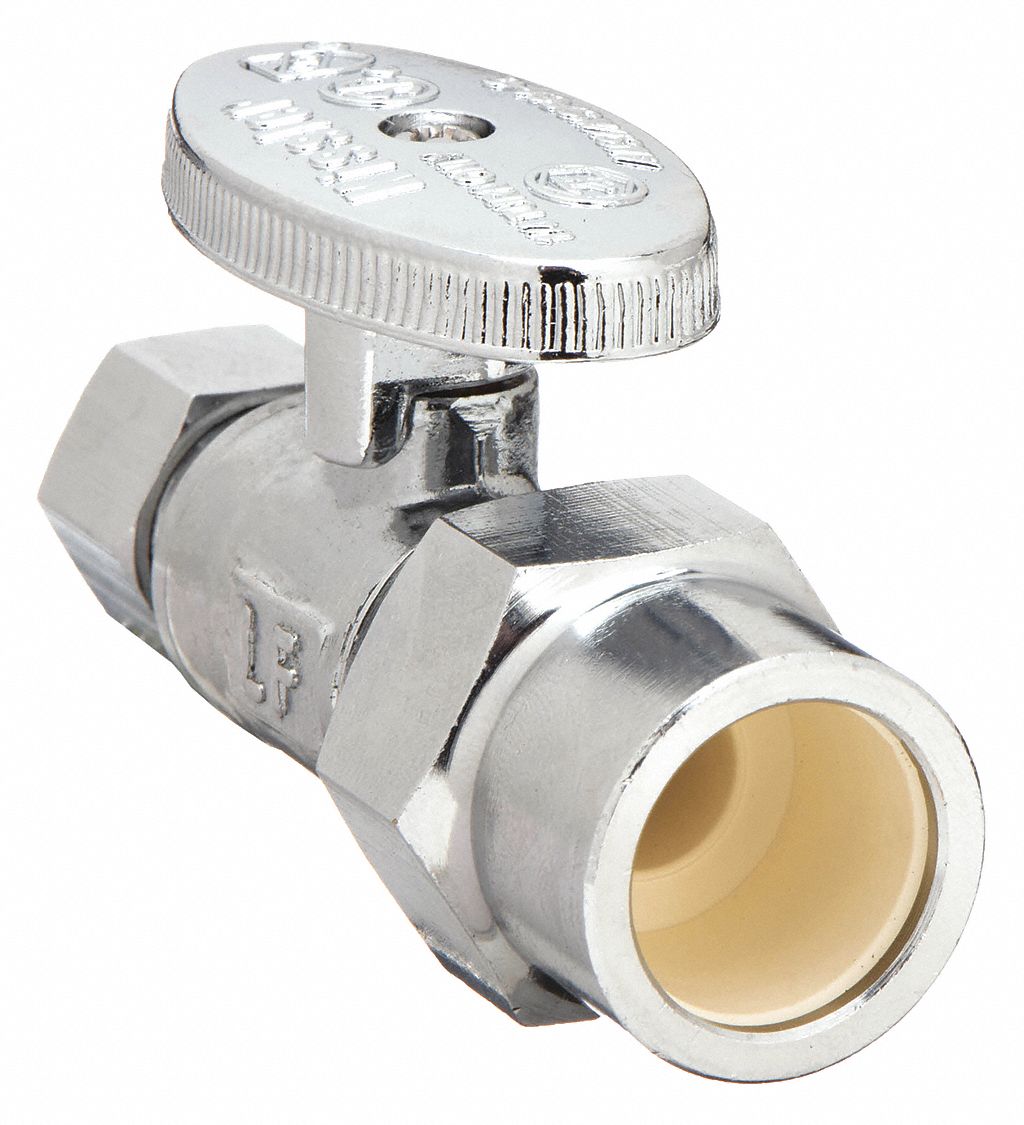 WATER SUPPLY STOP: ½ IN, ⅜ IN COMPRESSION, CHROME-PLATED BRASS, STRAIGHT BODY, ¼-TURN