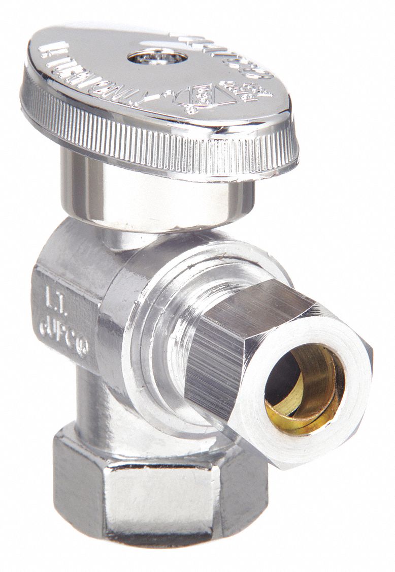 WATER SUPPLY STOP: ½ IN FIP, ⅜ IN COMPRESSION, CHROME-PLATED BRASS, TEE BODY, ¼-TURN