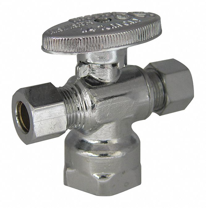 Water Supply Stop: 1/2 in FIP, 3/8 in Compression, Chrome-Plated Brass, Tee Body, 1/4-Turn