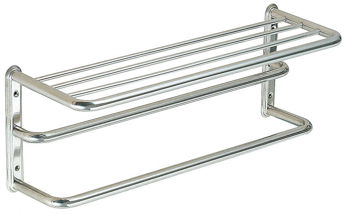 Towel Shelf: 4EEX4, Wall Mount, 9 1/4 in x 24 in x 7 7/8 in, 24 in Bar Wd, Bright