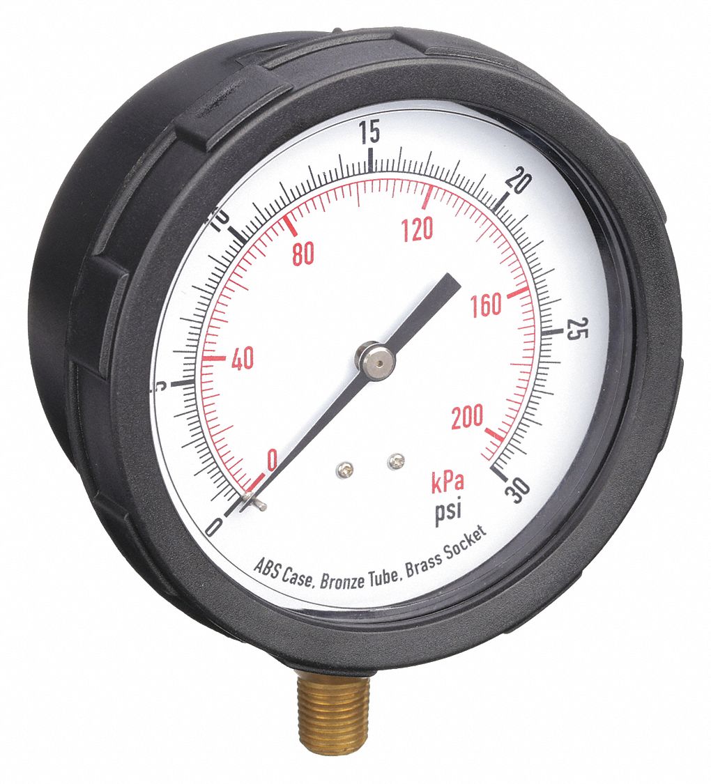 PRESSURE GAUGE,4 IN,30 PSI,LOWER,BL