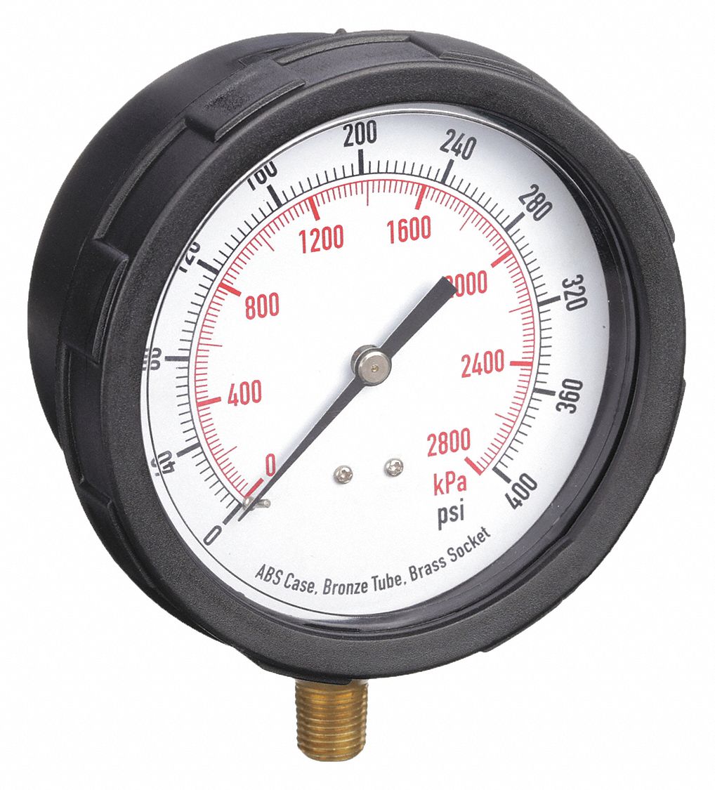 Industrial Pressure Gauge: Black, 0 psi 400 psi, 4 in Dial, 1/4 in NPT Male, Bottom