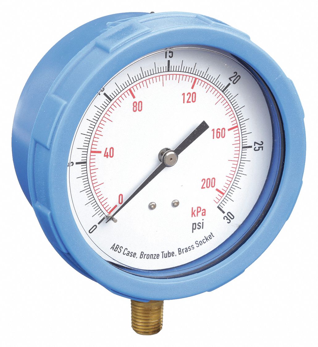 PRESSURE GAUGE,4 IN,30 PSI,LOWER,BL