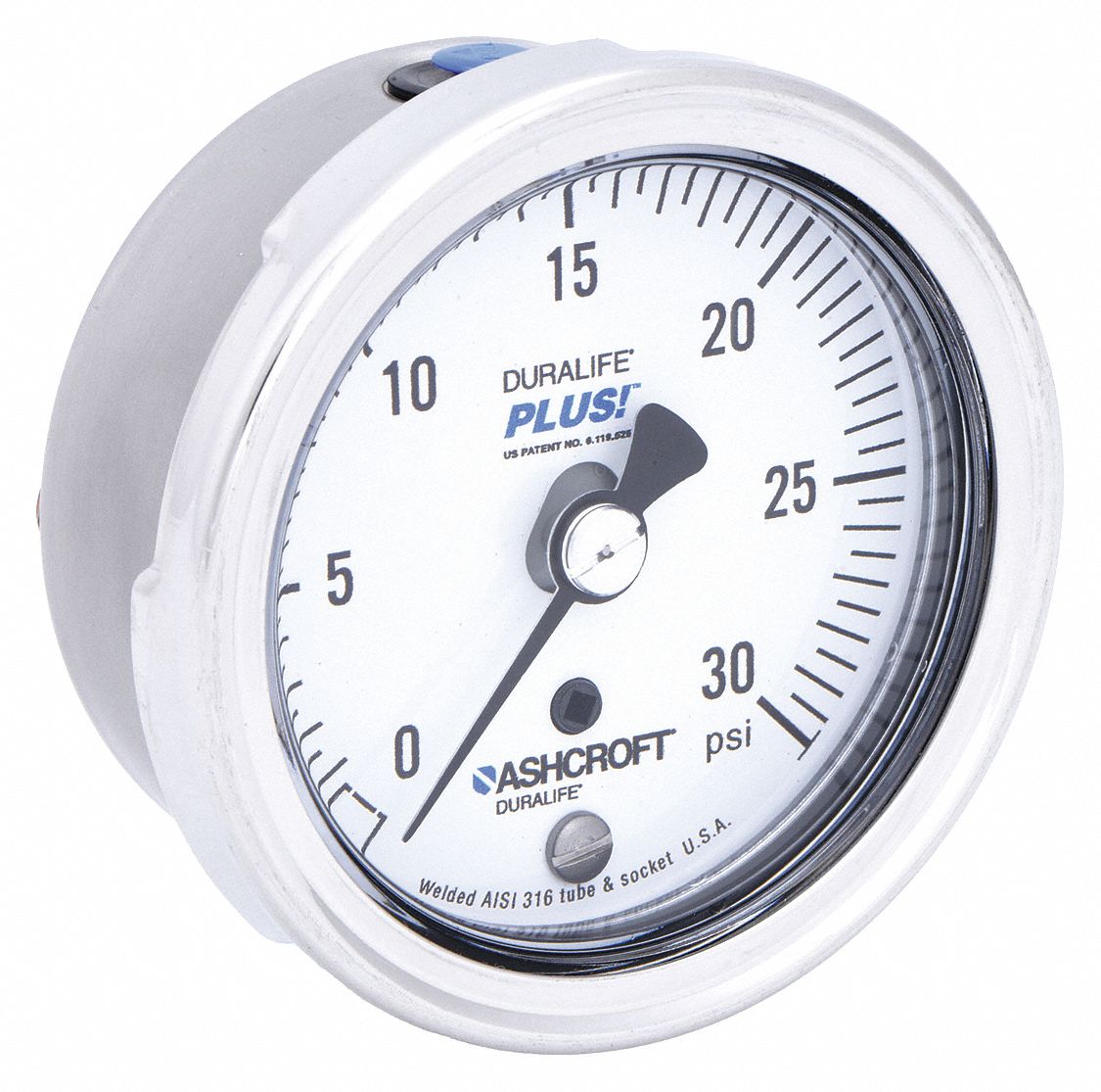 INDUSTRIAL PRESSURE GAUGE, 0 PSI/HG TO 30 PSI, 2 1/2 IN DIAL, 1/4 IN NPT MALE, LOWER BACK