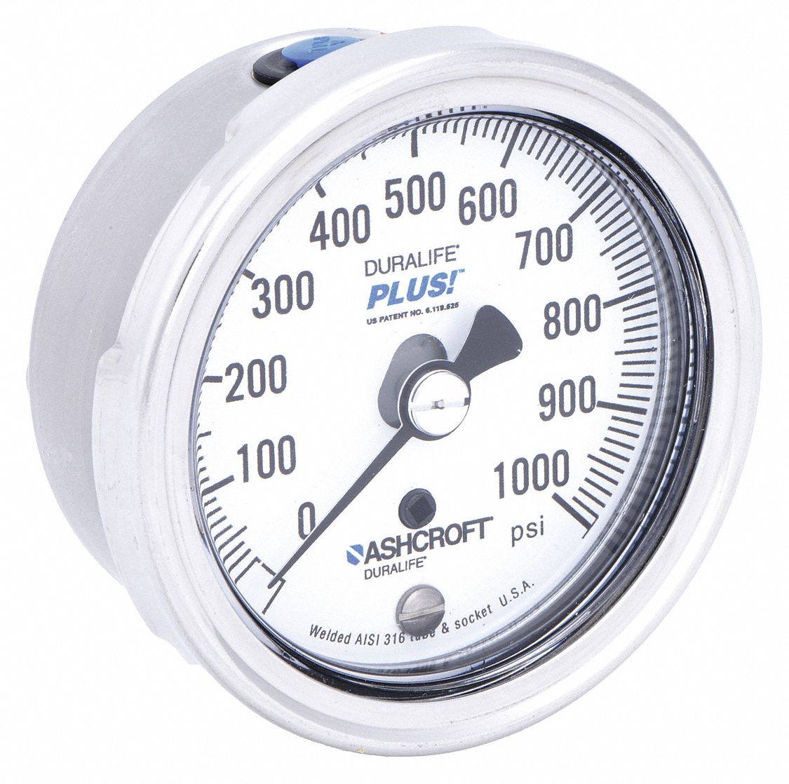 PRESSURE GAUGE,0 TO 1000 PSI,2-1/2IN