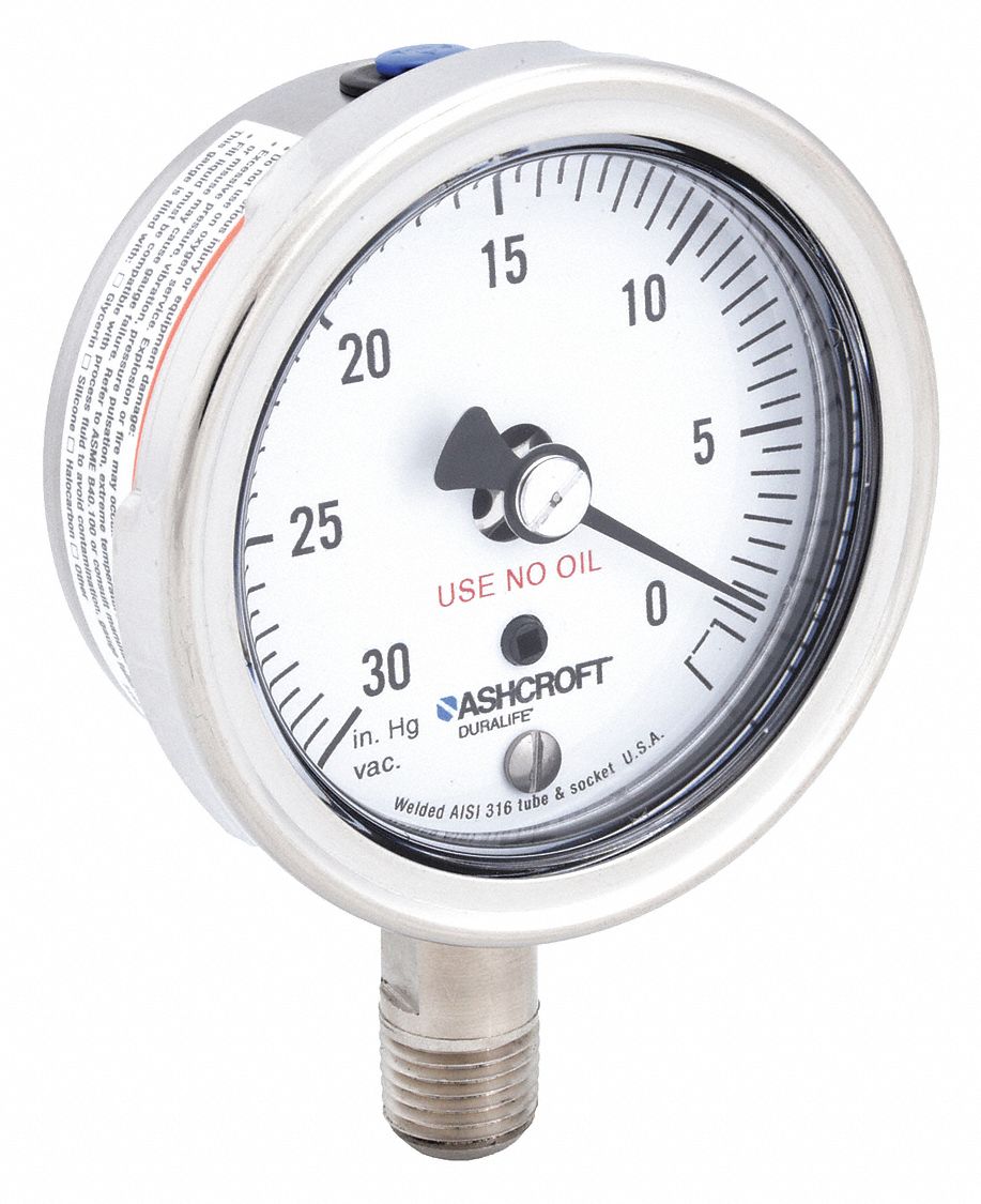 Pneumatic Vacuum Gauge: Cleaned for Oxygen Service, 2 1/2 in Dial, Bottom, 1/4 in NPT Male