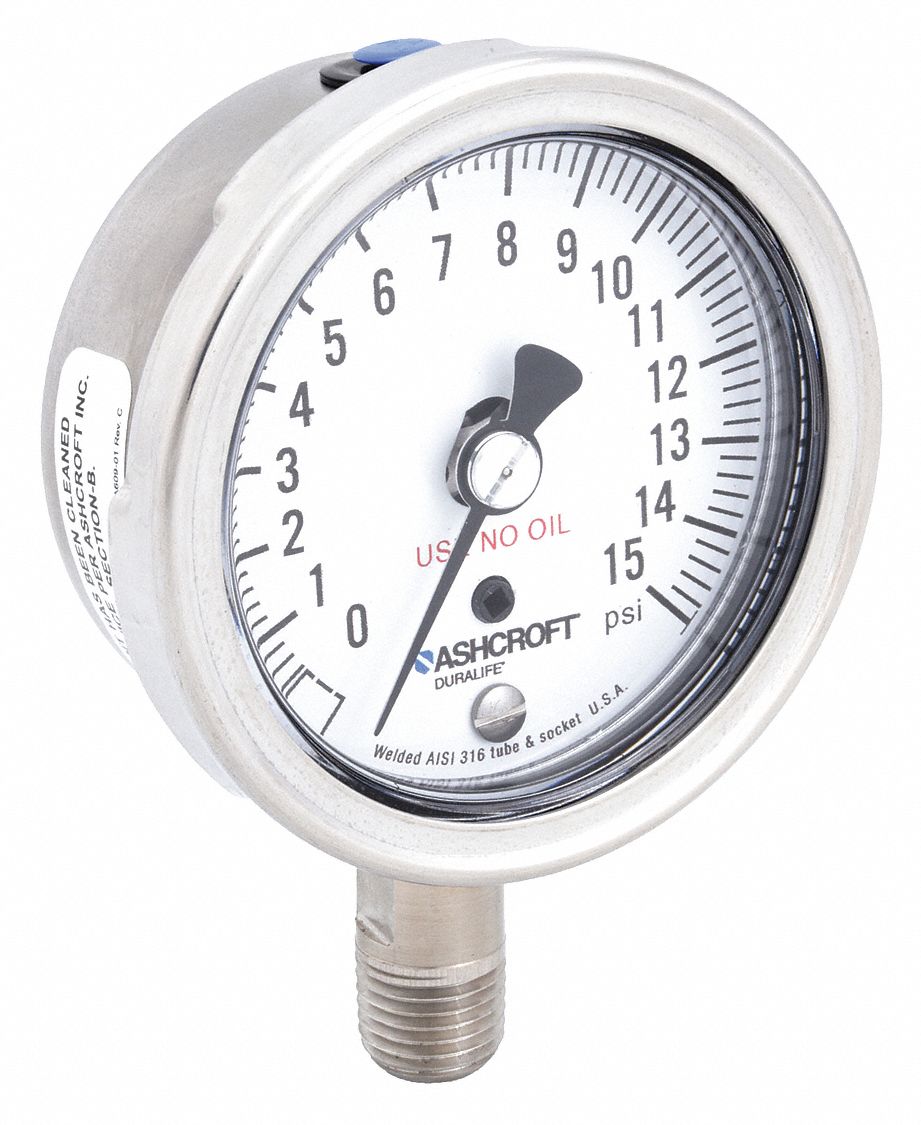 Industrial Pressure Gauge: Cleaned for Oxygen Service, 0 psi to 15 psi, 2 1/2 in Dial, 1009