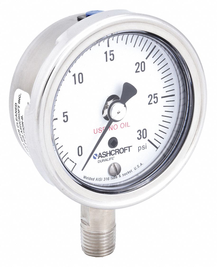 Industrial Pressure Gauge: Cleaned for Oxygen Service, 0 psi to 30 psi, 2 1/2 in Dial, 1009