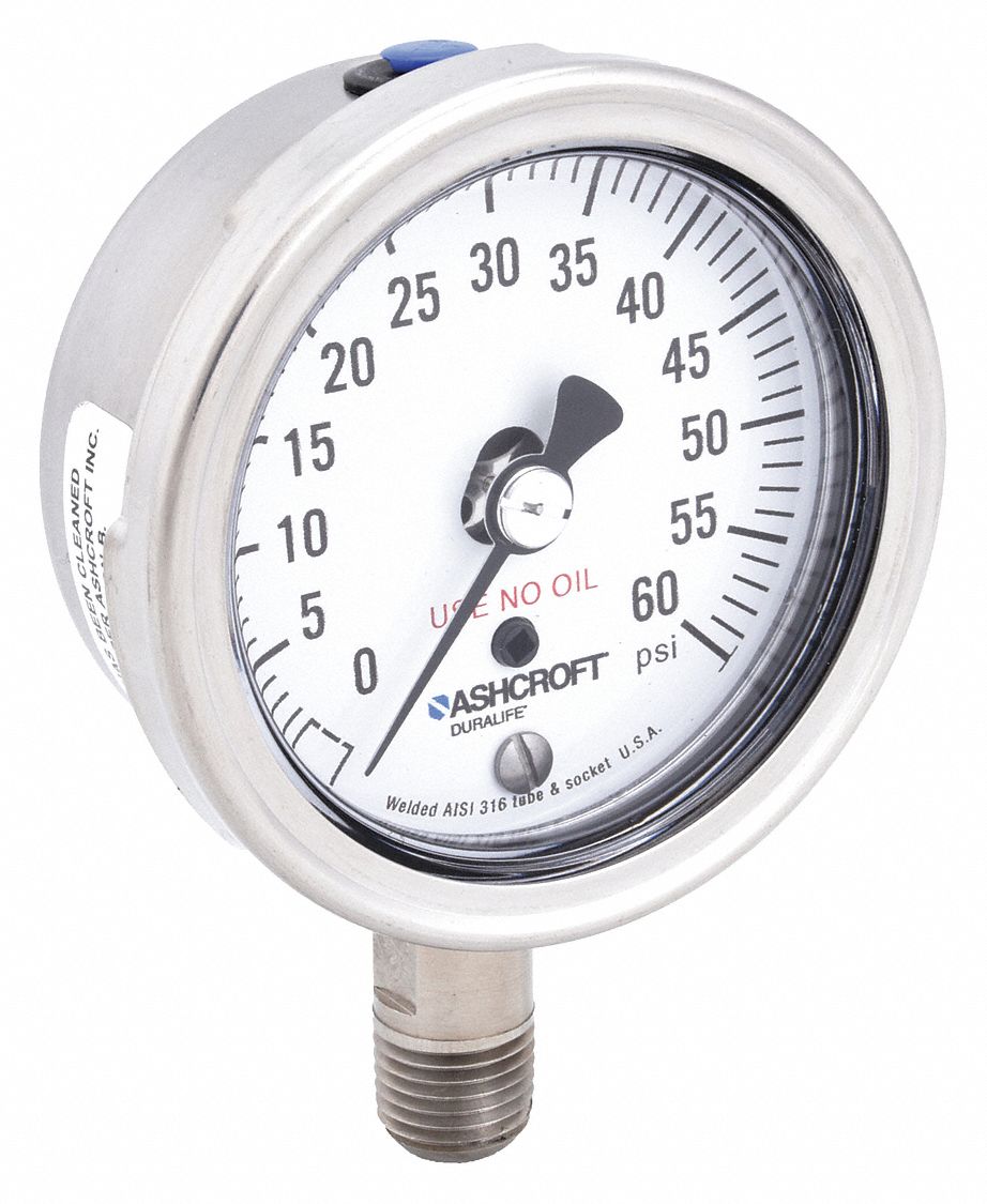 Industrial Pressure Gauge: Cleaned for Oxygen Service, 0 psi to 60 psi, 2 1/2 in Dial, 1009
