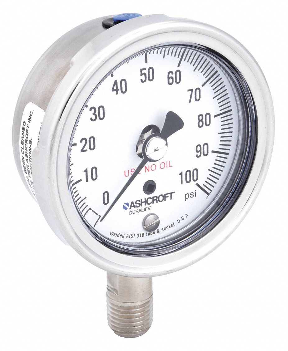 Industrial Pressure Gauge: Cleaned for Oxygen Service, 0 psi to 100 psi, 2 1/2 in Dial, 4X