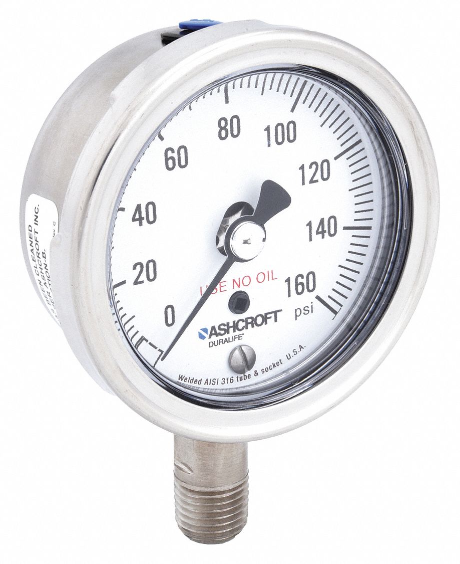 Industrial Pressure Gauge: Cleaned for Oxygen Service, 0 psi to 160 psi, 2 1/2 in Dial, 4X