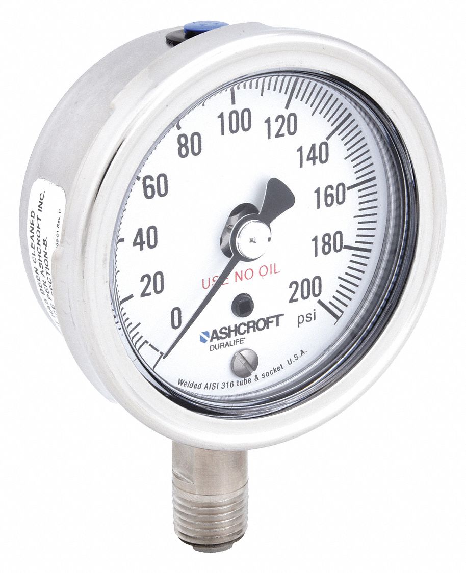 Industrial Pressure Gauge: Cleaned for Oxygen Service, 0 psi to 200 psi, 2 1/2 in Dial, 4X