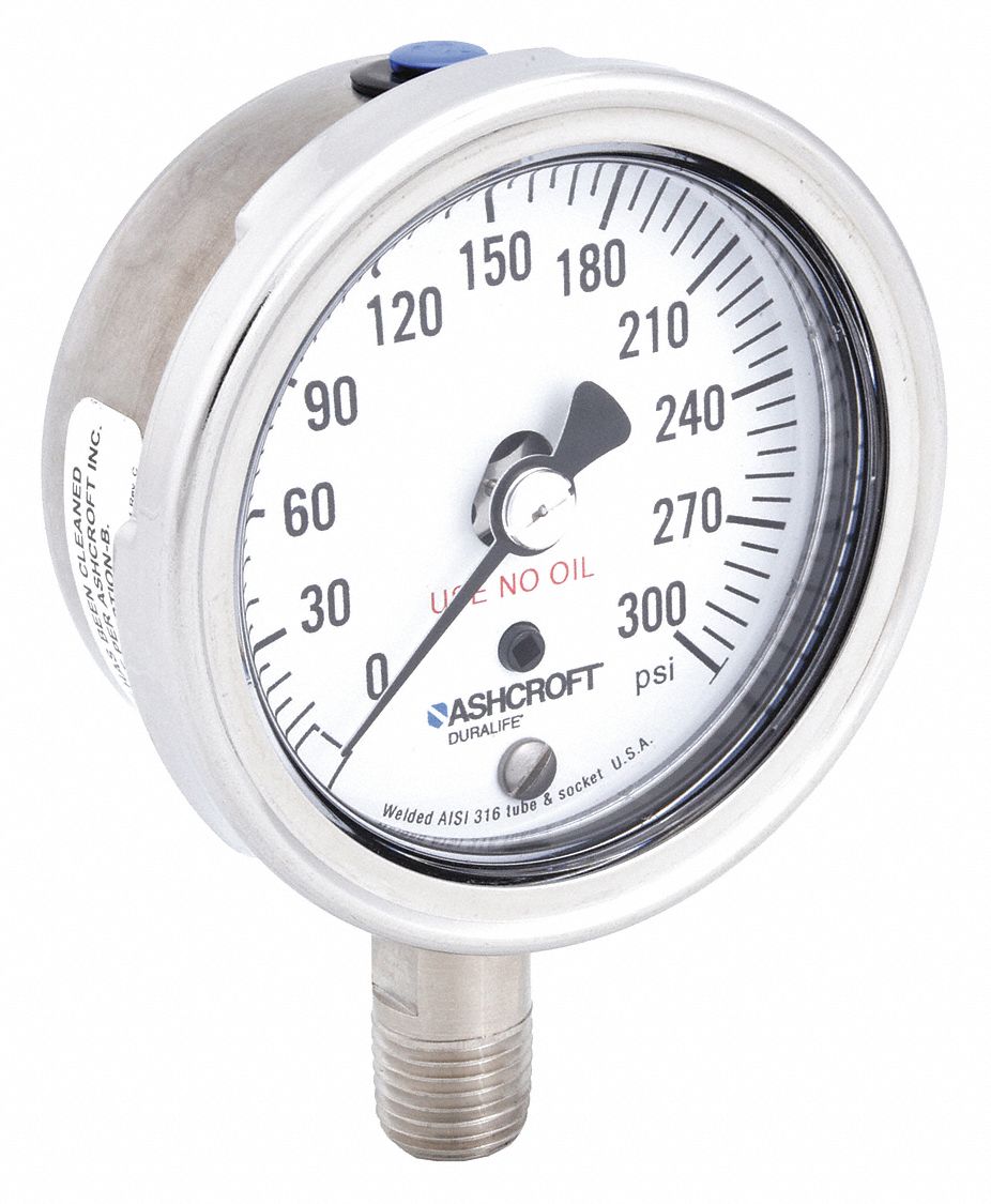 Industrial Pressure Gauge: Cleaned for Oxygen Service, 0 psi to 300 psi, 2 1/2 in Dial, 4X