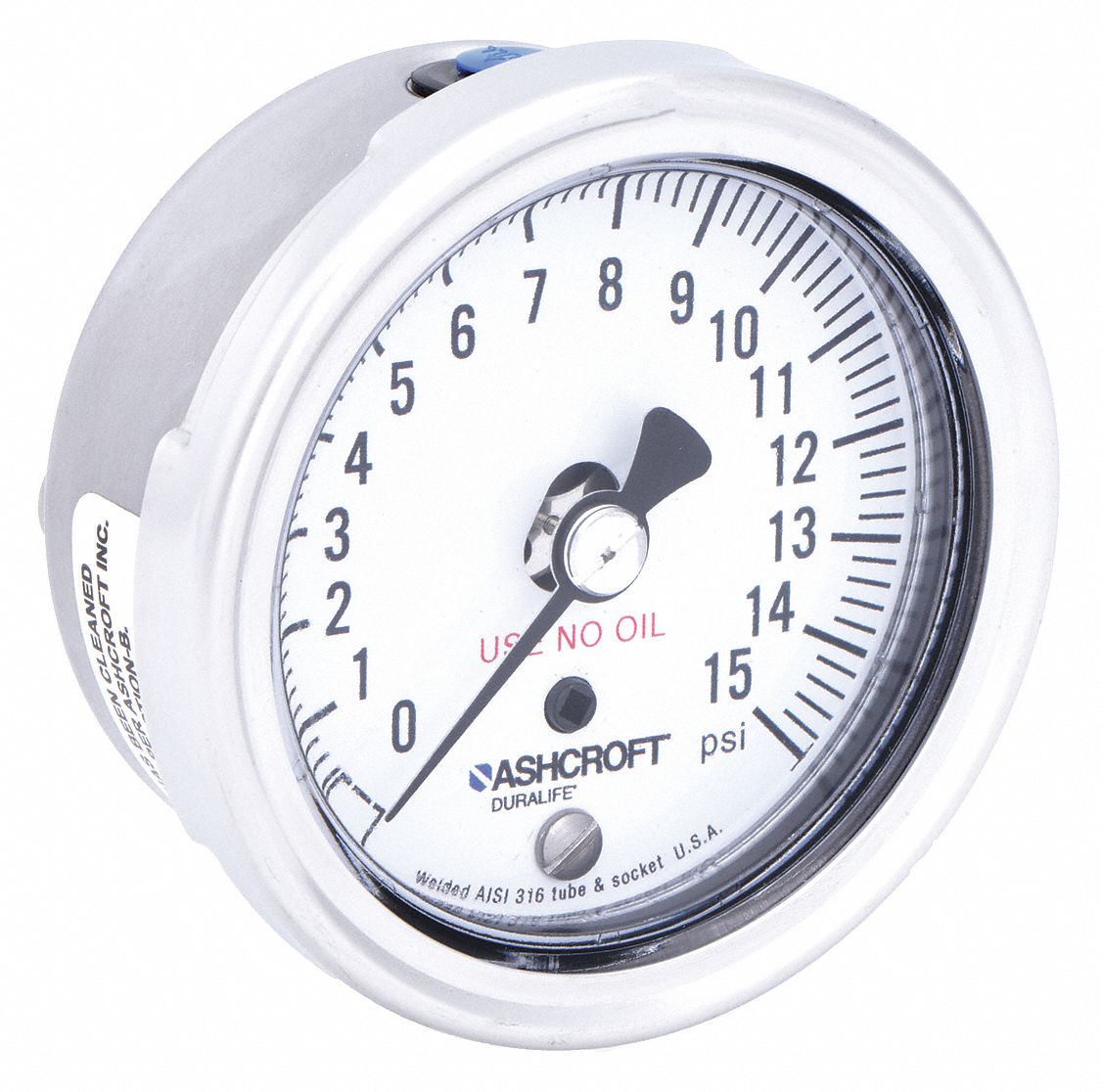 Industrial Pressure Gauge: Cleaned for Oxygen Service, 0 psi to 15 psi, 2 1/2 in Dial, 1009