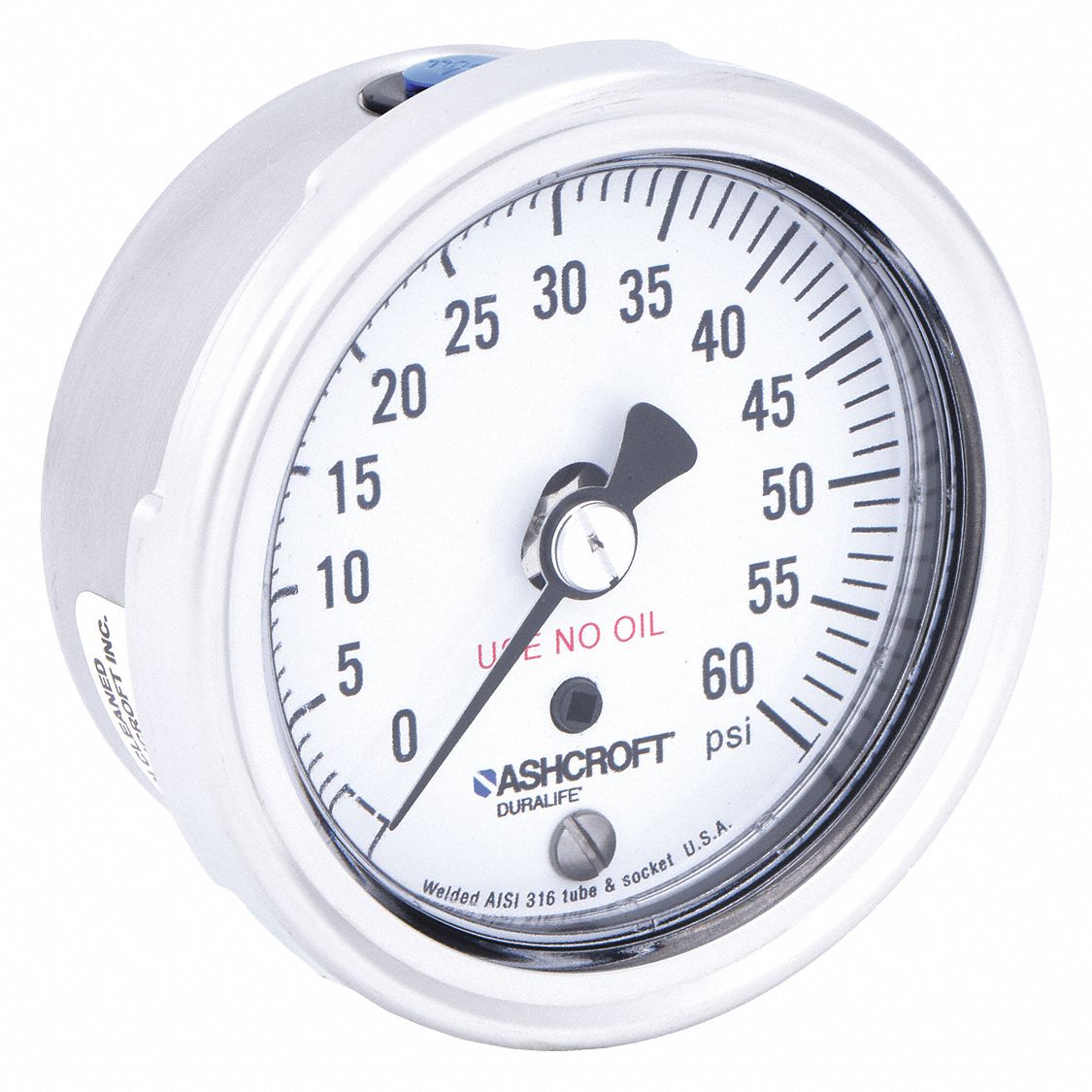 Industrial Pressure Gauge: Cleaned for Oxygen Service, 0 psi to 60 psi, 2 1/2 in Dial, 1009