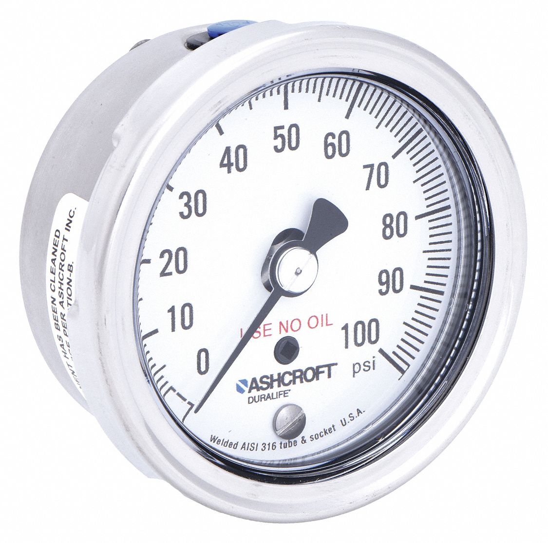 Industrial Pressure Gauge: Cleaned for Oxygen Service, 0 psi to 100 psi, 2 1/2 in Dial, 4X