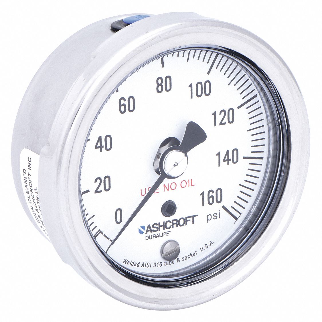 Industrial Pressure Gauge: Cleaned for Oxygen Service, 0 psi to 160 psi, 2 1/2 in Dial, 4X