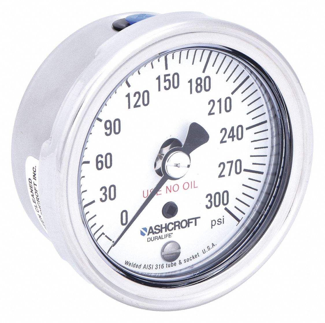 Industrial Pressure Gauge: Cleaned for Oxygen Service, 0 psi to 300 psi, 2 1/2 in Dial, 4X