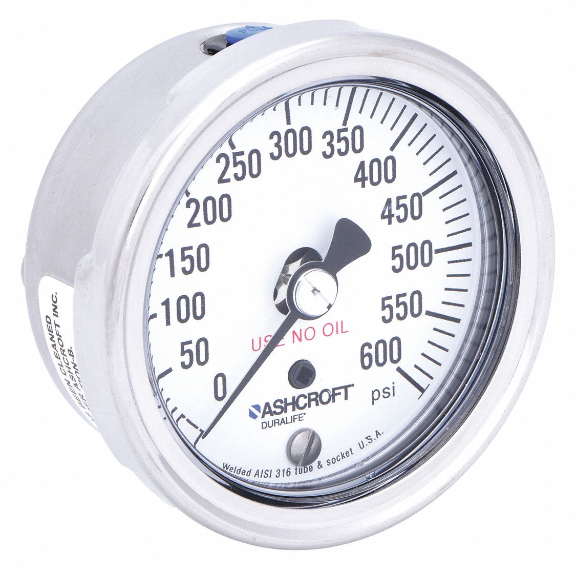 Industrial Pressure Gauge: Cleaned for Oxygen Service, 0 psi to 600 psi, 2 1/2 in Dial, 4X