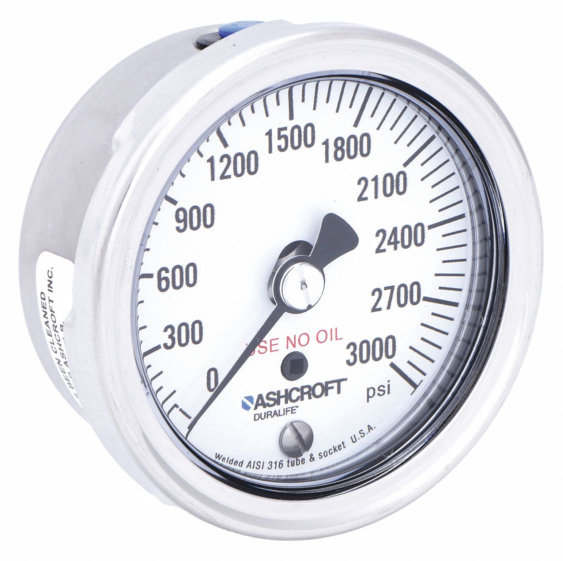 Industrial Pressure Gauge: Cleaned for Oxygen Service, 0 psi to 3, 000 psi, 2 1/2 in Dial