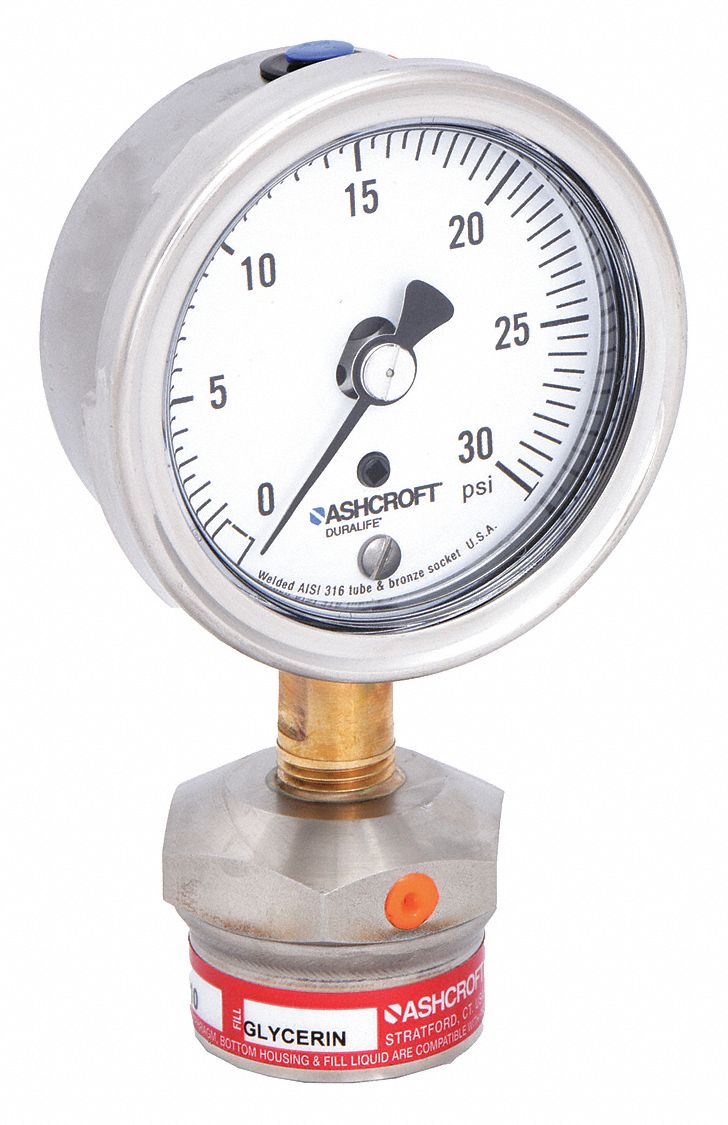 Pressure Gauge with Diaphragm Seal: 0 psi to 30 psi, 1009/310-315, 2 1/2 in Dial, Glycerin