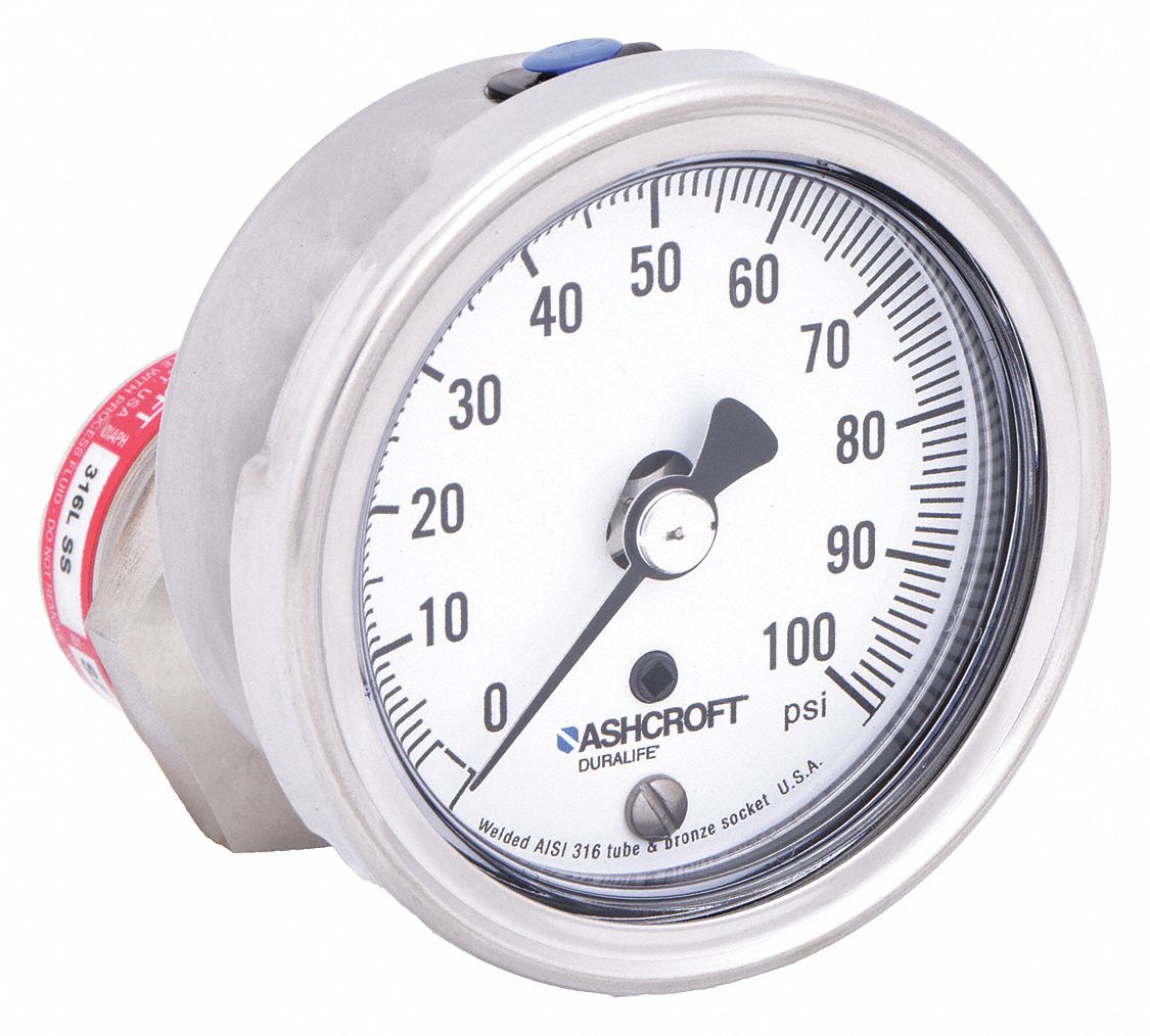 Pressure Gauge with Diaphragm Seal: 0 psi to 100 psi, 1009/310-315, 2 1/2 in Dial, Glycerin