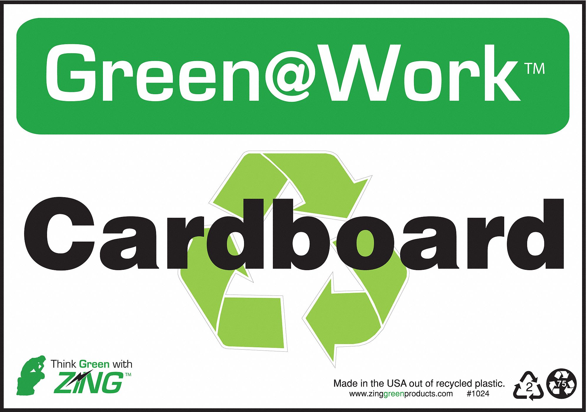 RECYCLING SIGN, PLASTIC, 10 IN WIDTH, 7 IN HEIGHT, GREEN/WHITE, SURFACE, GREEN AT WORK