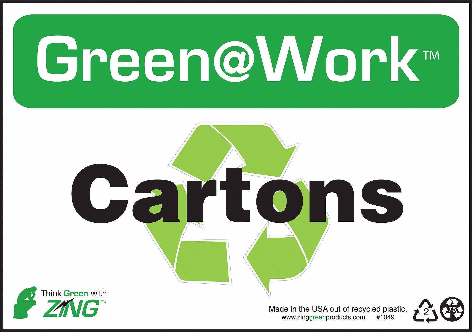 RECYCLING SIGN, PLASTIC, 10 IN WIDTH, 7 IN HEIGHT, GREEN/WHITE, SURFACE, GREEN AT WORK