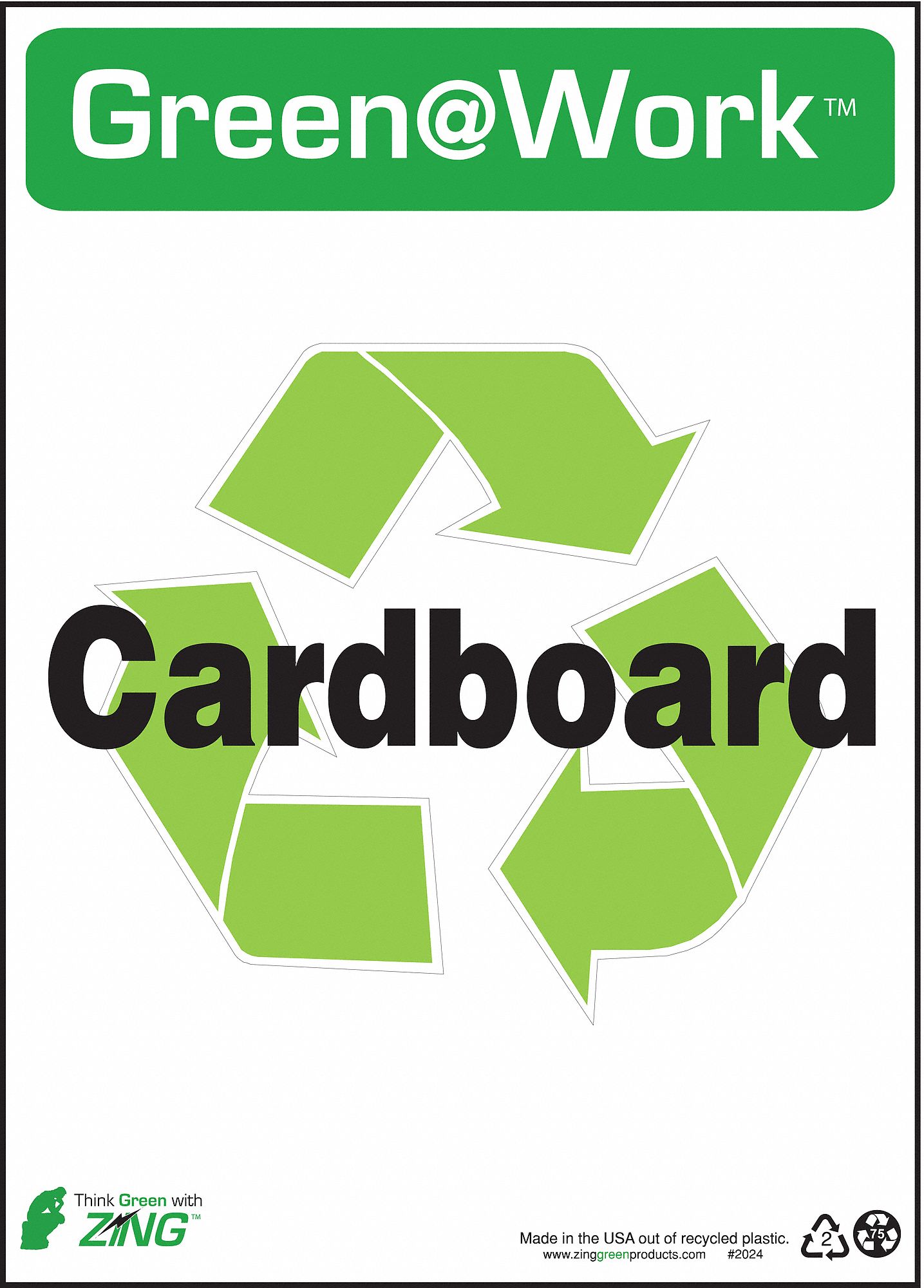 RECYCLING SIGN, PLASTIC, 10 IN WIDTH, 14 IN HEIGHT, GREEN/WHITE, SURFACE, GREEN AT WORK