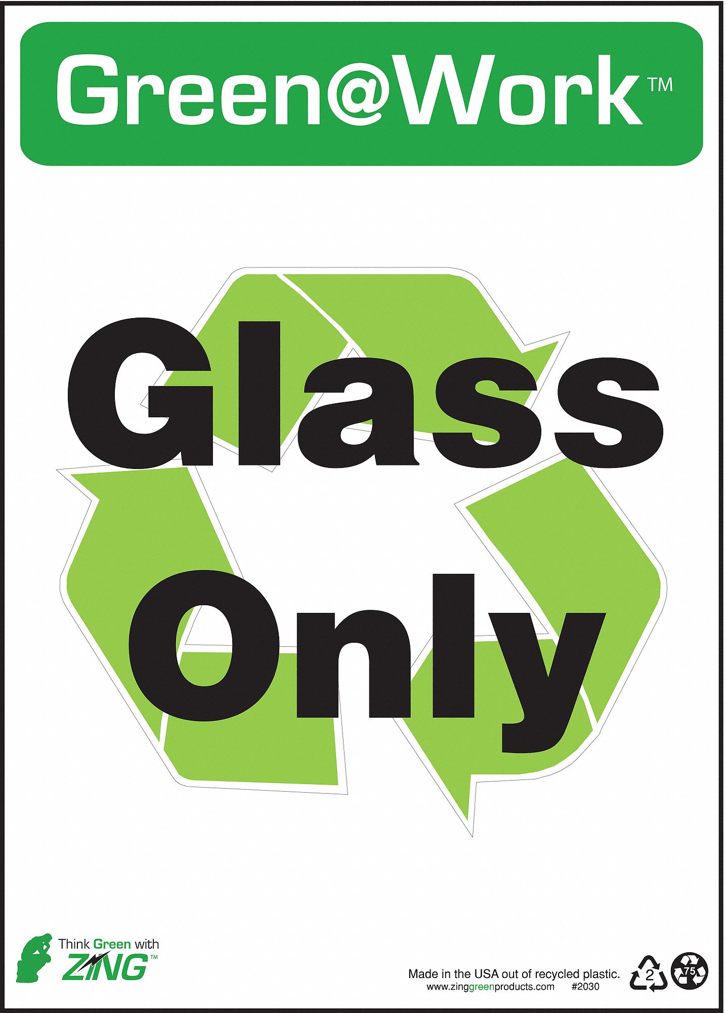 RECYCLING SIGN, PLASTIC, MOUNTING HOLES, 14 IN X 10 IN NOMINAL SIGN SIZE, GLASS ONLY