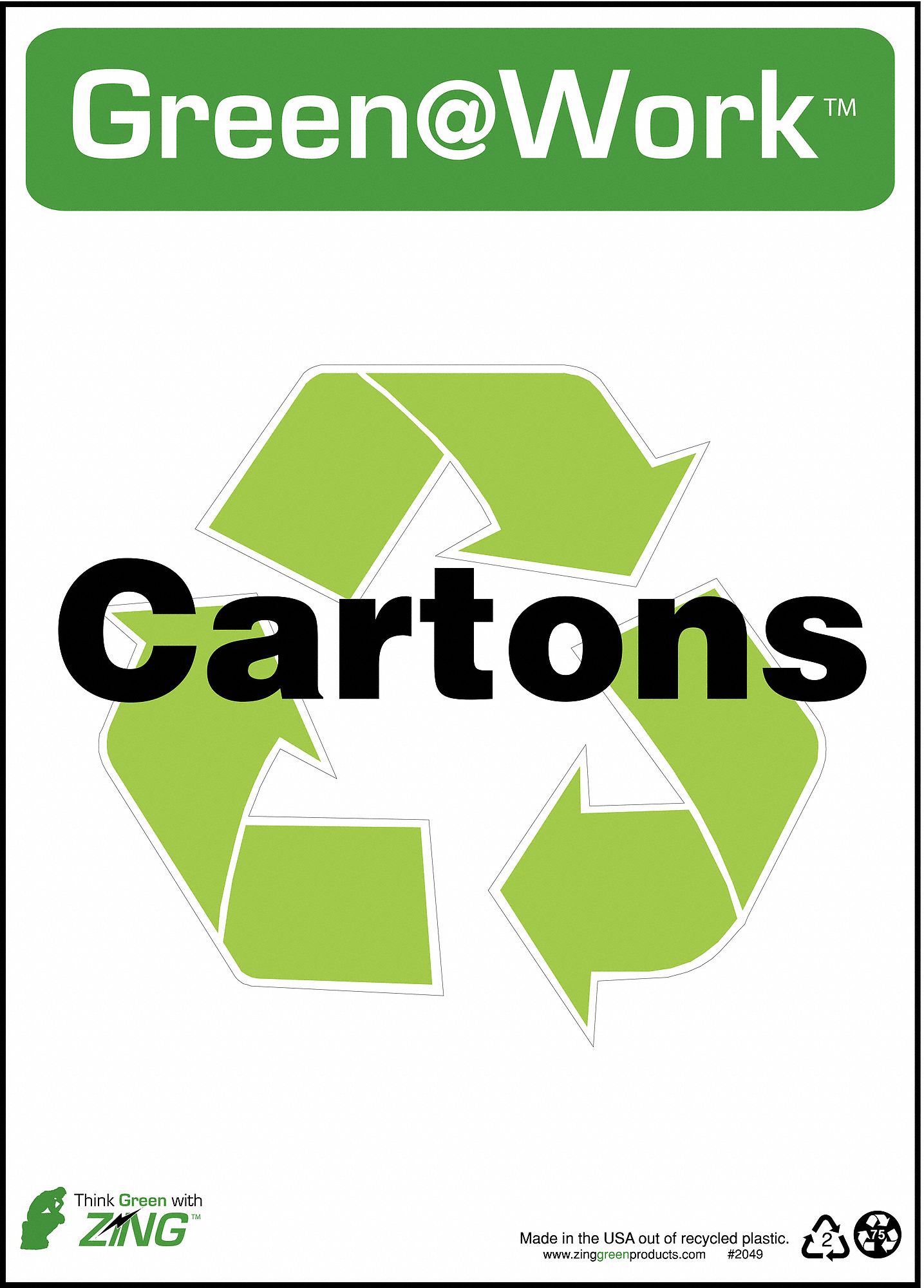 RECYCLING SIGN, PLASTIC, 10 IN WIDTH, 14 IN HEIGHT, GREEN/WHITE, SURFACE, GREEN AT WORK