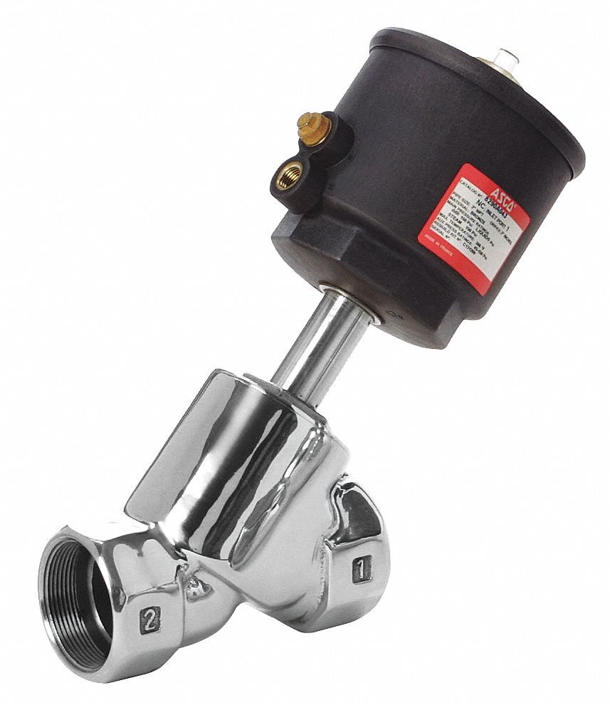 Angle Body Piston Valve: 2-Way, Normally Closed, 1 1/2 in Pipe Size, Stainless Steel Body