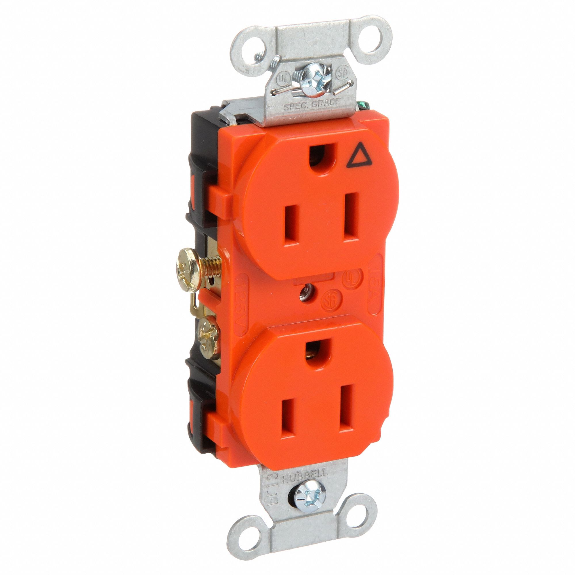 RECEPTACLE, DUPLEX, ORANGE, 5-15R, 15 A, 125V AC, 2 POLE/3 WIRE, SCREW TERMINALS