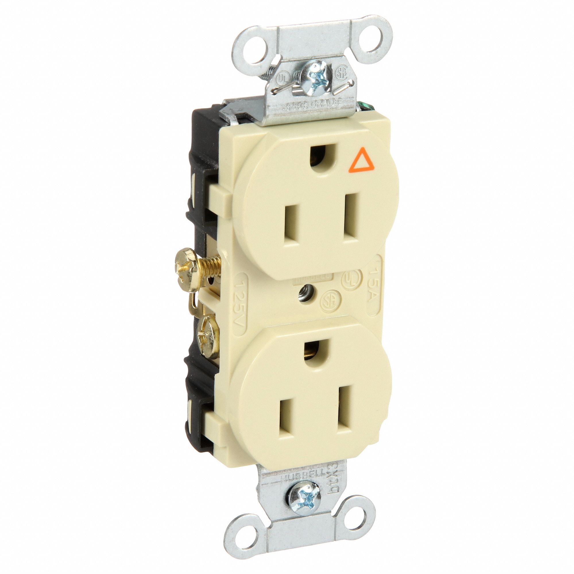 Receptacle: Duplex, Ivory, 5-15R, 15 A, 125V AC, 2 Pole / 3 Wire, Screw Terminals