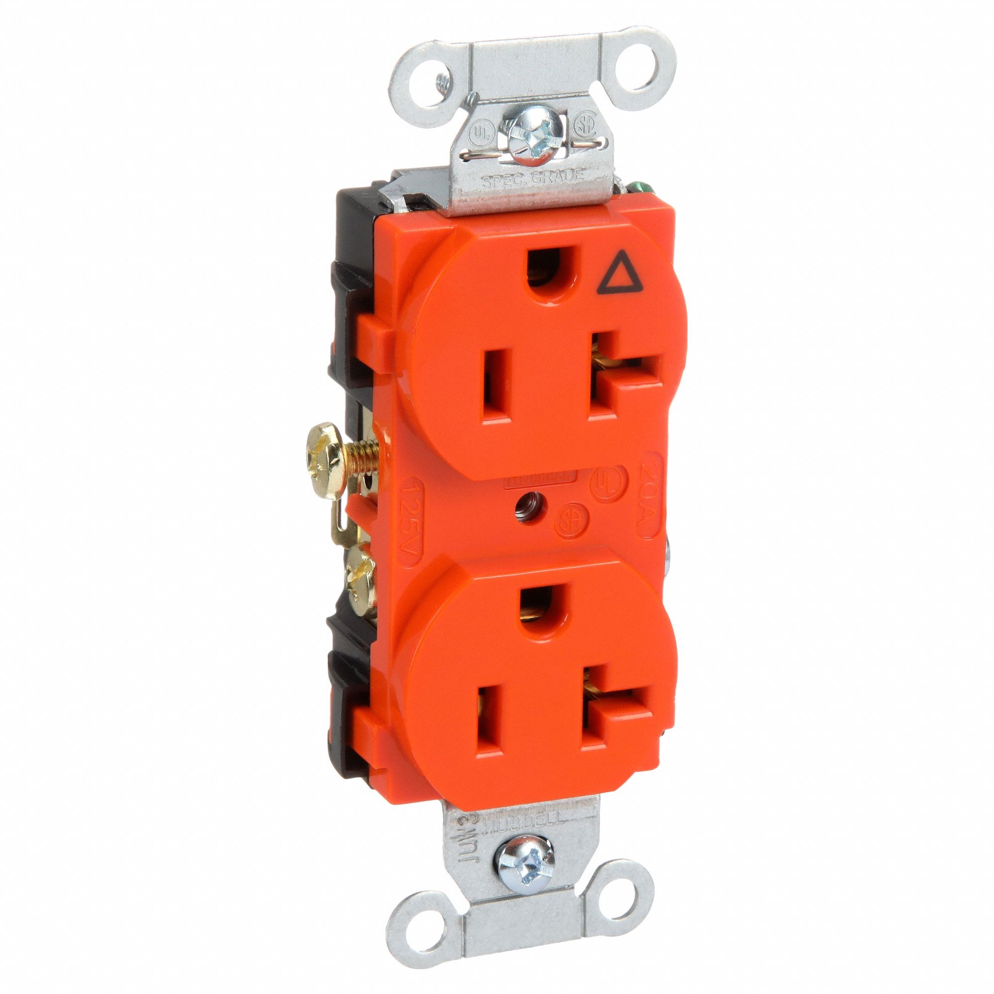 RECEPTACLE, DUPLEX, ORANGE, 5-20R, 20 A, 125V AC, 2 POLE/3 WIRE, SCREW TERMINALS