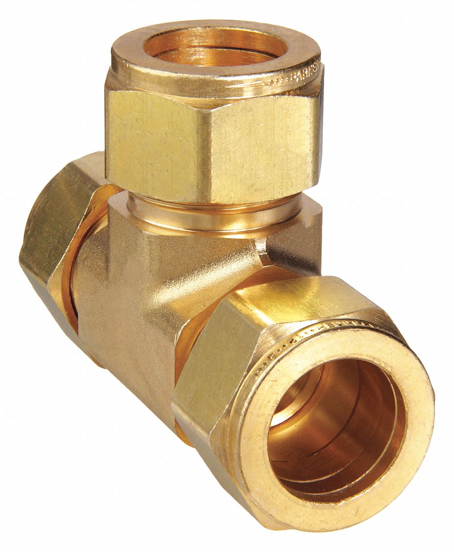 Compression Tee Fitting: 3/4 in OD x 3/4 in OD x 3/4 in OD Size, Brass