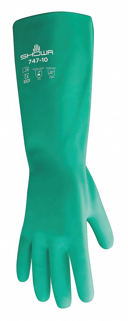 CHEMICAL RESISTANT GLOVES, 22 MIL, 19 IN LENGTH, BISQUE, SIZE 10, GREEN